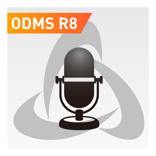 ODMS R8 symbol with microphone superimposed to represent ODMS R8 Dictation Module