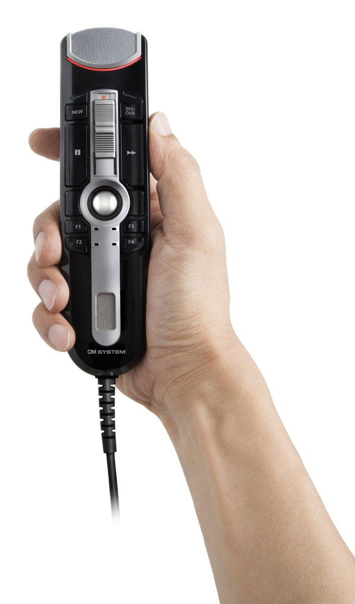 OM System RM4110N  usb tethered microphone being held by a person's right hand, to give size perspective