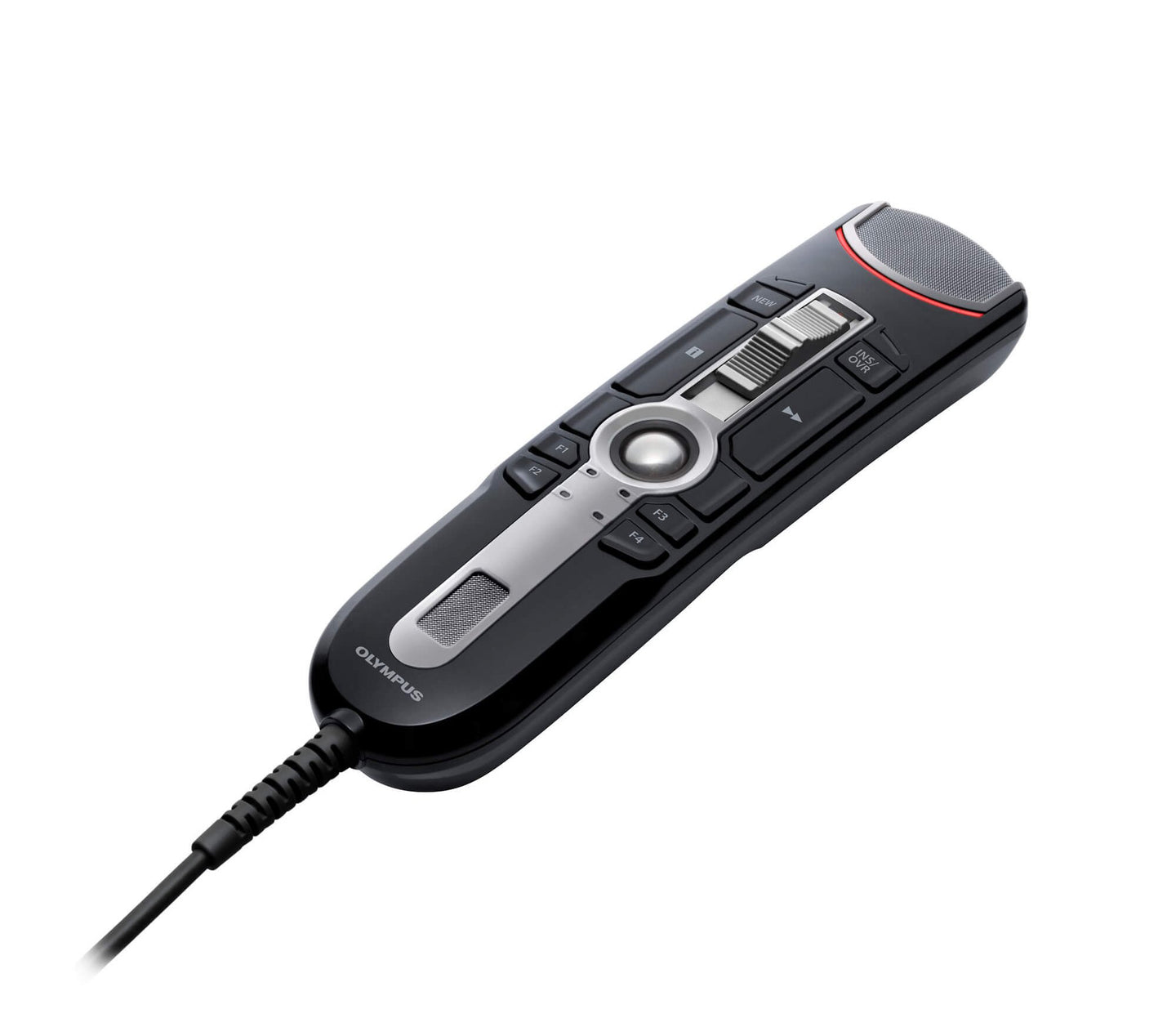 OM System RecMic II RM-4110S Slide Switch & Trackball Professional USB Microphone with a wired connection, predominantly black in color.