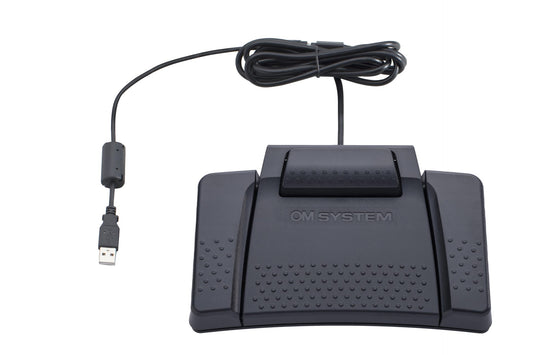 Black OM System RS-31N transcription foot pedal showing the usb cabel