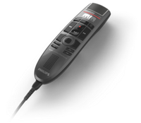 A Philips SpeechMike Premium SMP3700 Touch Push Button microphone with a black color scheme, featuring a sleek design with integrated buttons and a gooseneck microphone.