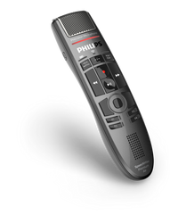 A Philips SpeechMike Premium Air SMP4000 push button dictation microphone with a gray body, buttons and a built-in noise reduction filter.