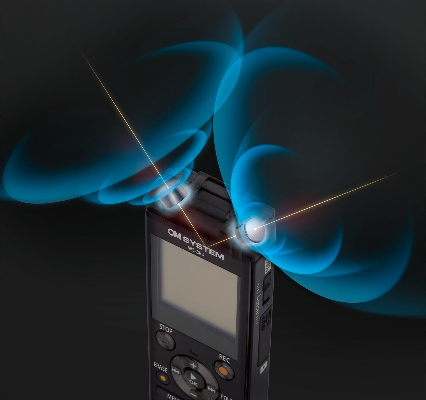 OM System WS-883 showing presence and directionality of stereo microphones