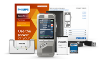 Philips DPM8000/LFH7277 Professional Dictation and Transcription Bundle including a digital voice recorder, a foot pedal, and other accessories.