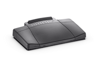 A Philips LFH2210 foot pedal for transcription with an analog 3.5mm plug, in black color.