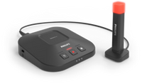 A Philips ACC6000 Docking Station and Status Light for SpeechOne, featuring a black docking station with a red and black wireless headset and a foot pedal.