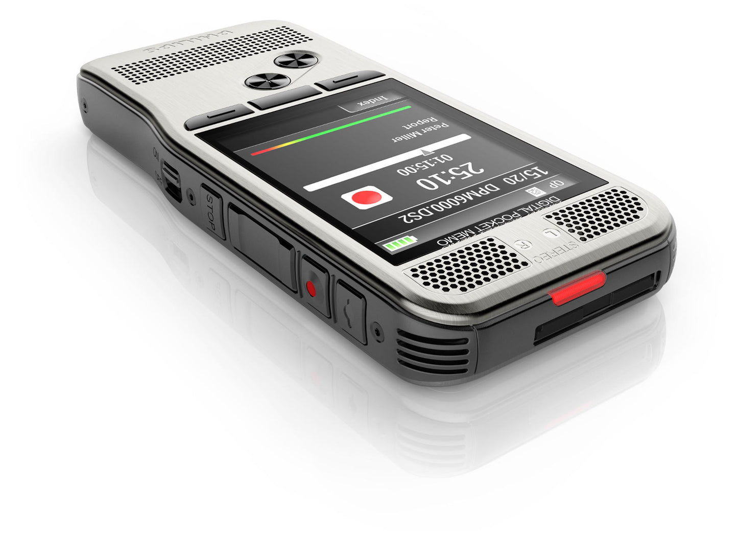 Philips DPM6000 digital dictaphone lying flat on surface on white background