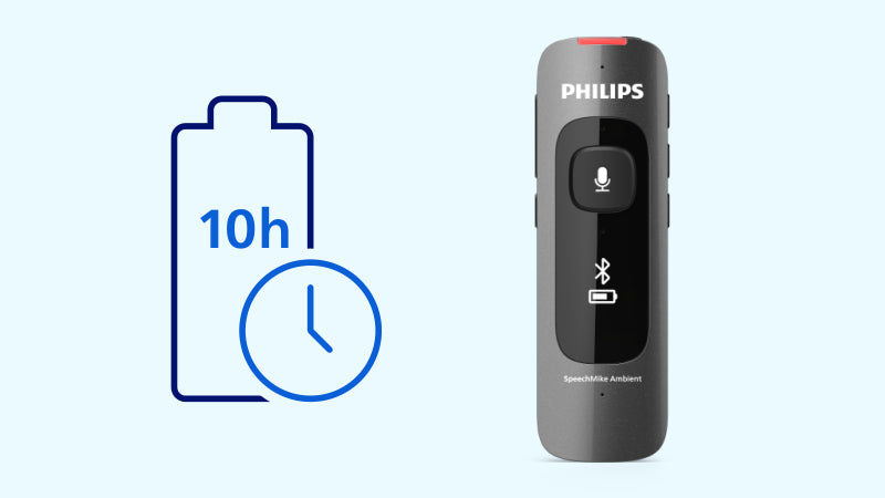 Philips SpeechMike Ambient Wearable AI Assistant with icon showing 10 hour battery life