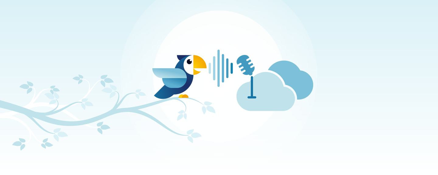 illustration with cloud and bird on a branch, speaking into a microphone, on light blue background