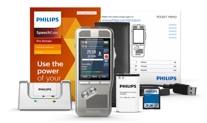 Box contents of Philips DPM8000 - dictaphone, docking station, lithium battery, usb cable, S card, carry case, quick start guide and Philips SpeechExec Pro Dictate software licence.
