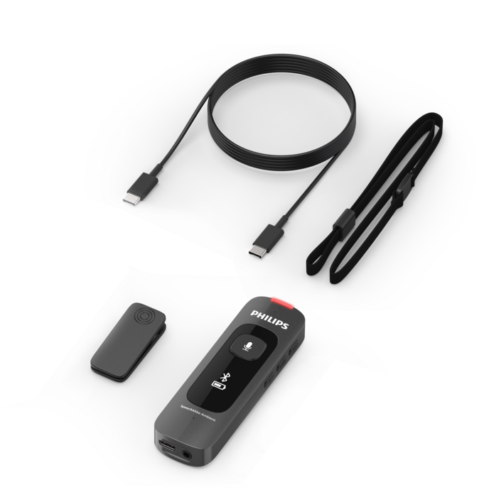 Philips PSM5020  SpeechMike Ambient Wearable  AI Assistant box contents i includes microphone, usb cable. mounting clip and neck strap