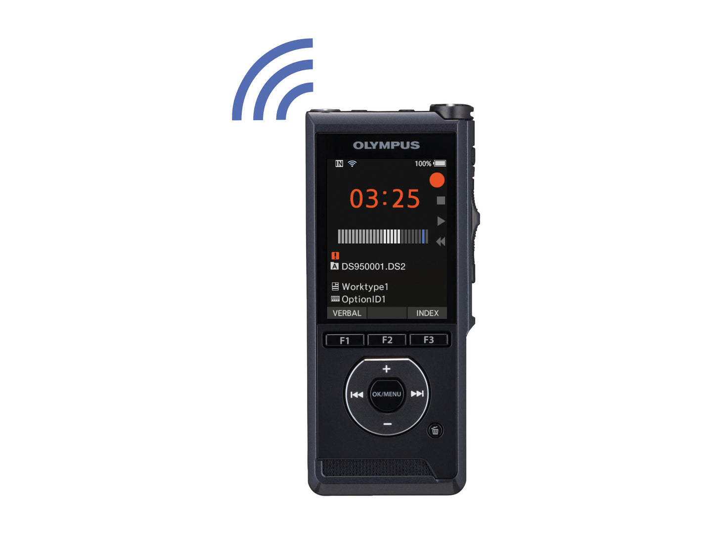 Black Olympus DS-9500  dictaphone with digital display on a white background