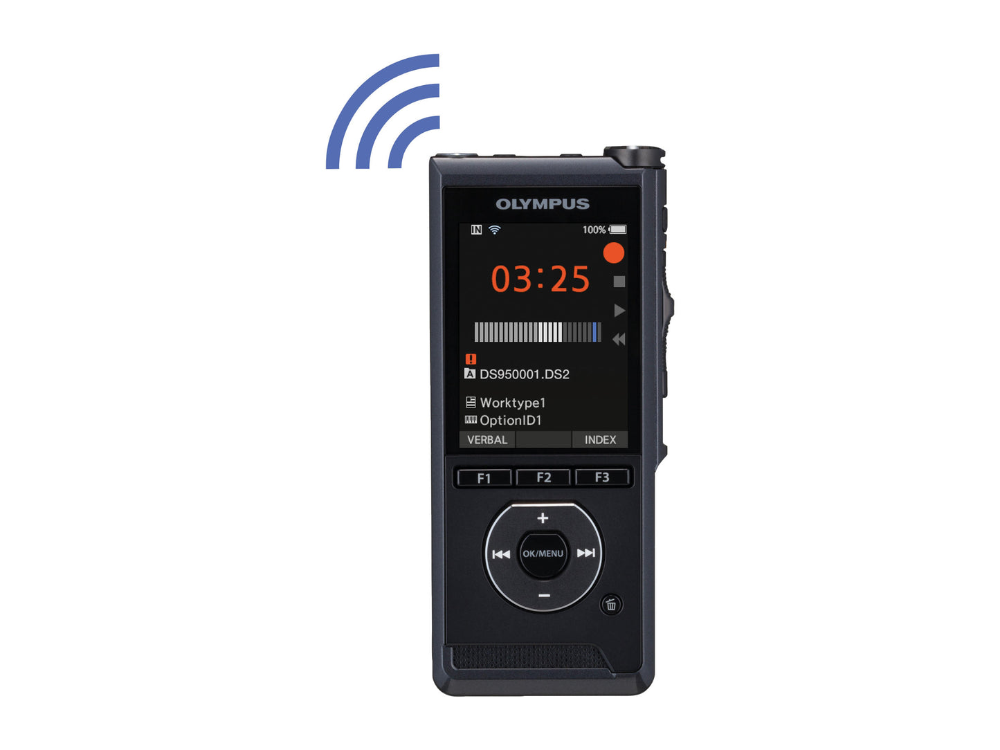 Black Olympus DS-9500  dictaphone with digital display on a white background